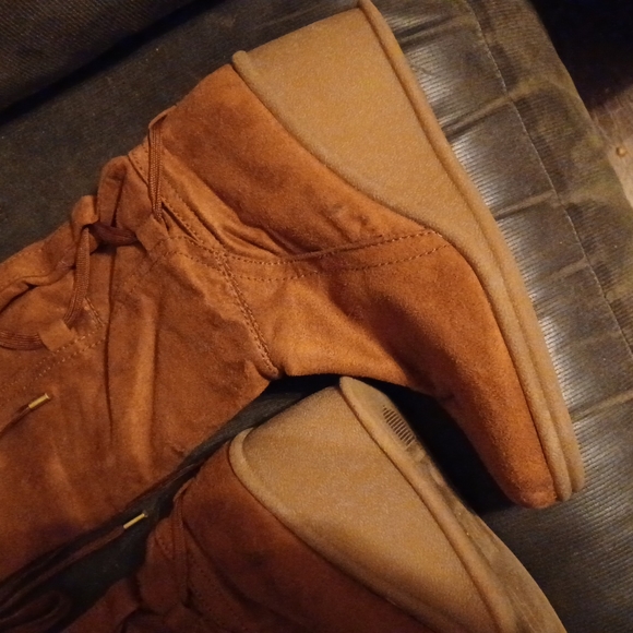 Brown Knee High Boots 10 faux fur cuffs wedge heel - Picture 3 of 7